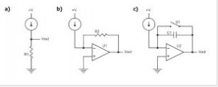 圖2：電流測量電路：電阻（a），互阻抗（b）和積分器（c）